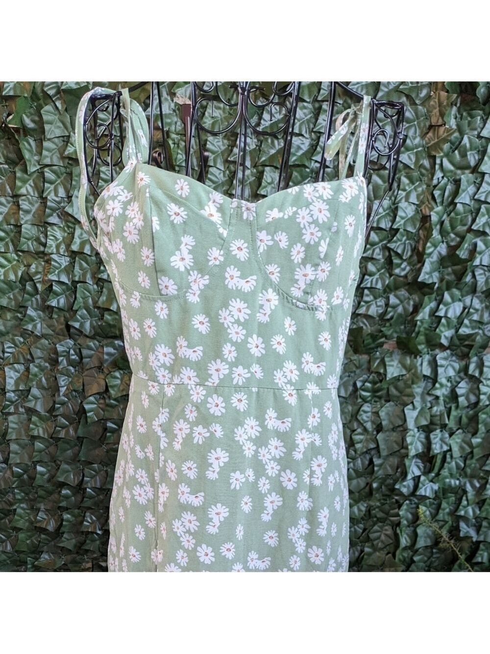 Green Floral Midi Dress Cottagecore Sundress Summer‎ Spaghetti Strap Slit - Picture 5 of 12